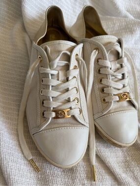 Michael Kors Cream Canvas & Leather Lace-Up Sneakers with Gold Accents
